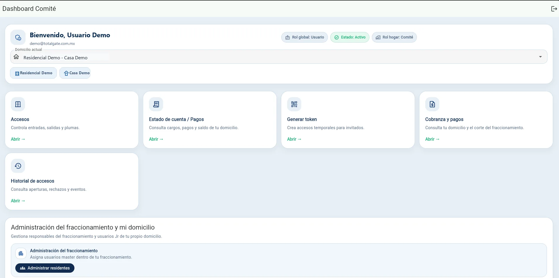 Dashboard web demo de TotalGate